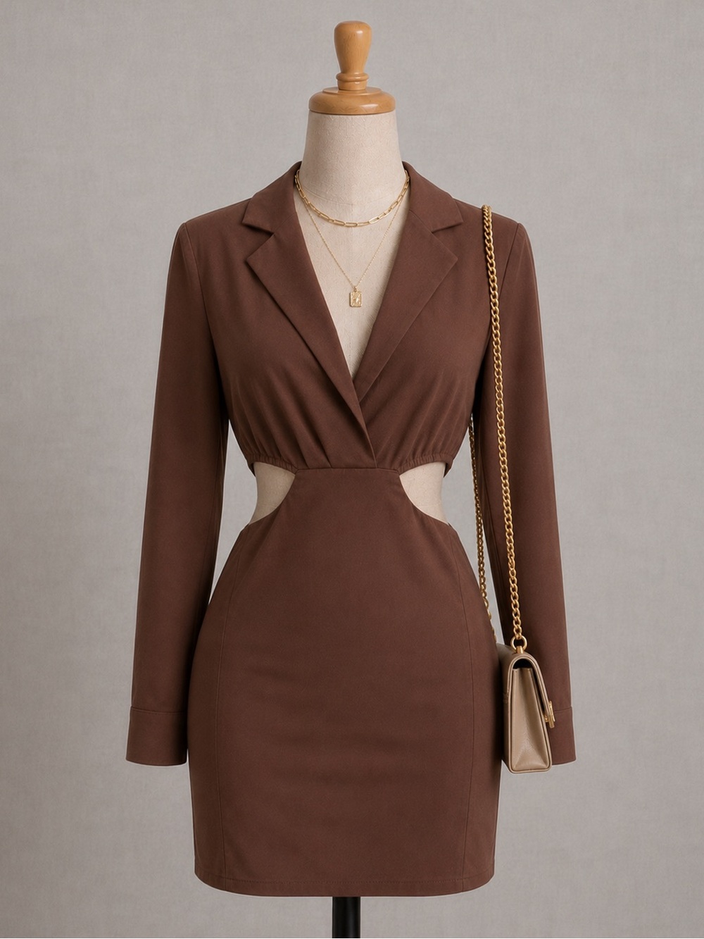 Love Tree Brown Long-Sleeve Cutout Midi Dress